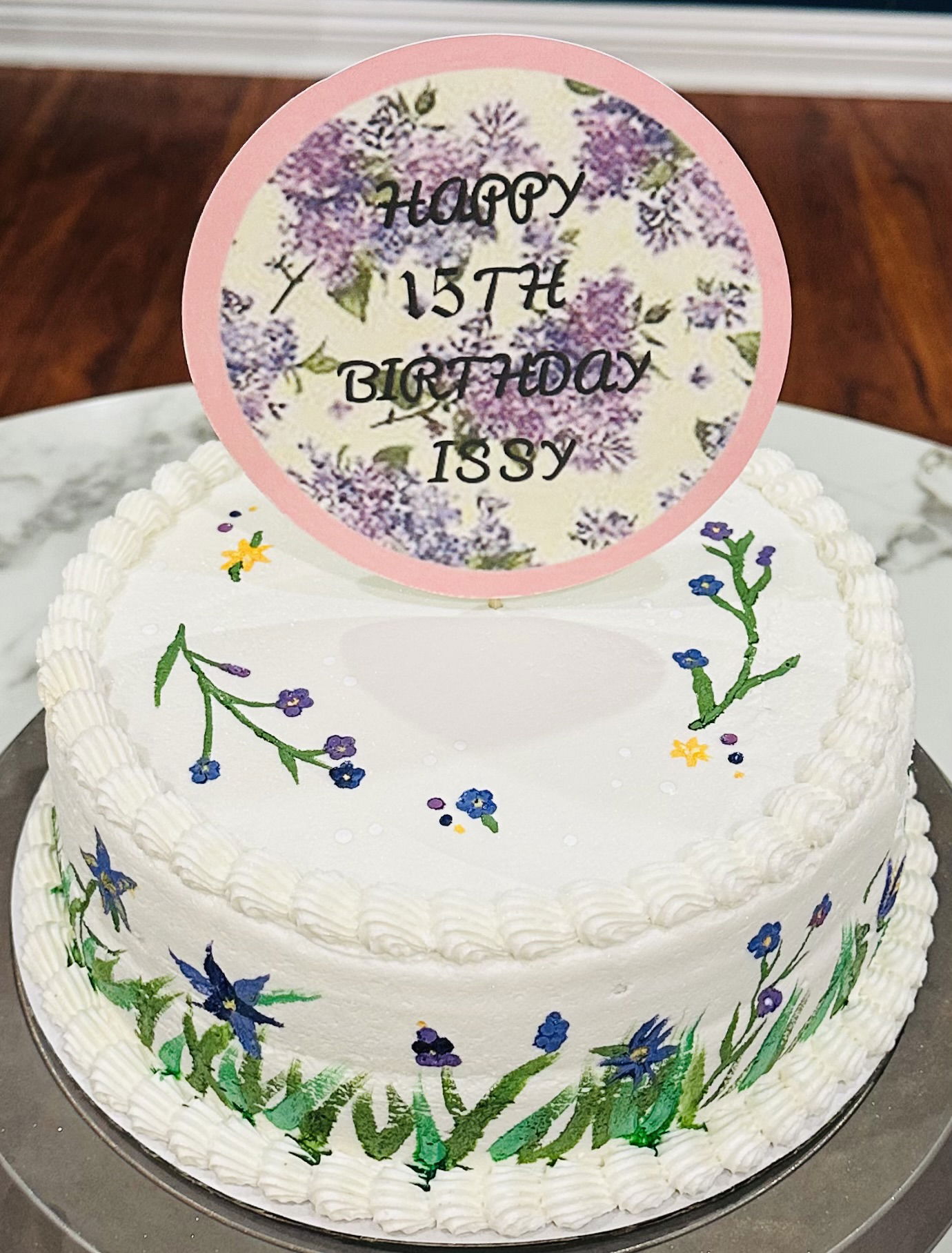 2 Layer Vanilla Lilac Flower Birthday Cake with Buttercream Frosting