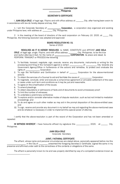 Secretary's Certificate Sample Template | Free Download