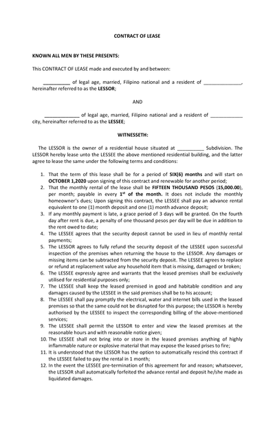 SAMPLE CONTRACT OF LEASE OF HOUSE AND LOT - FREE DOWNLOAD