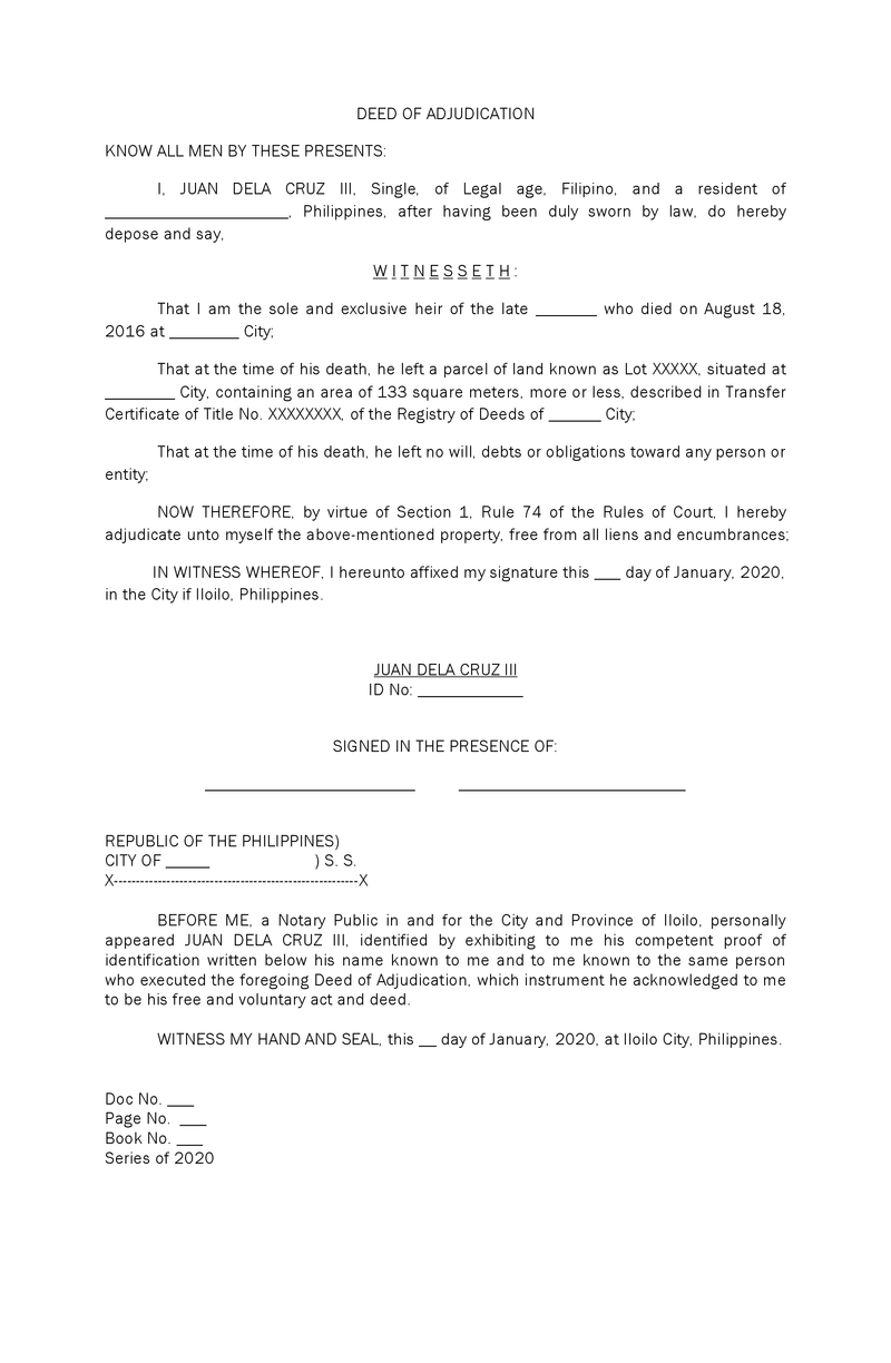 Different kinds of Deed of Adjudication | Sample Template