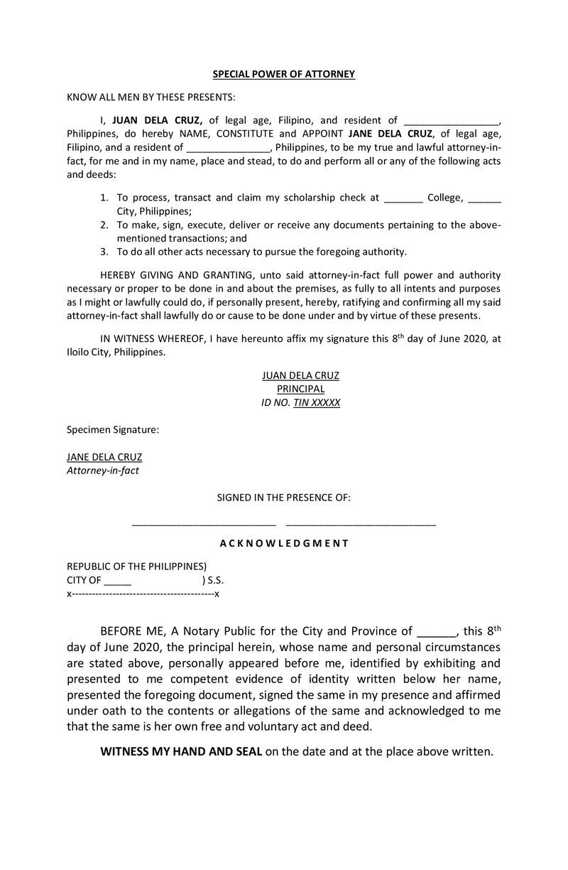 SPECIAL POWER OF ATTORNEY | SAMPLE TEMPLATE | FREE DOWNLOAD