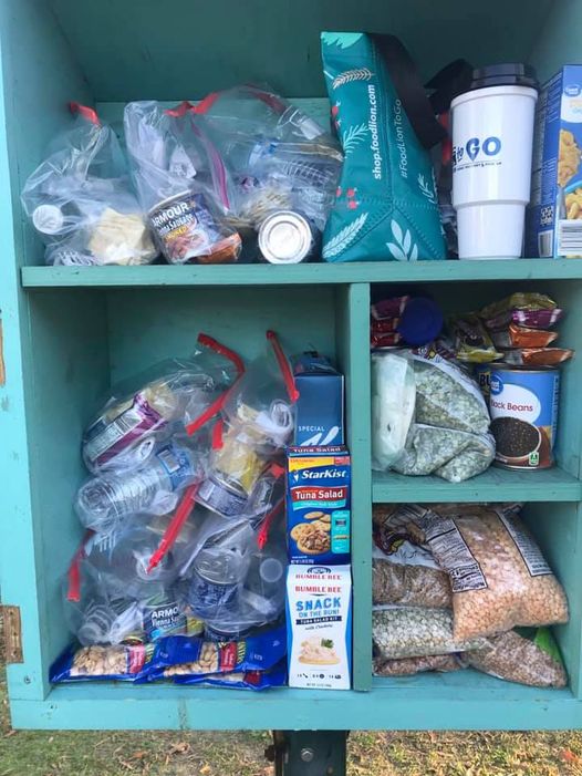 Small pantry box to place items for homeless. Located at Community Crossroads Ctr.