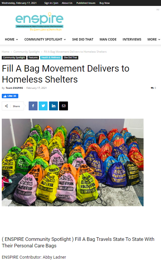 Fill A Bag Movement Delivers to Homeless Shelters