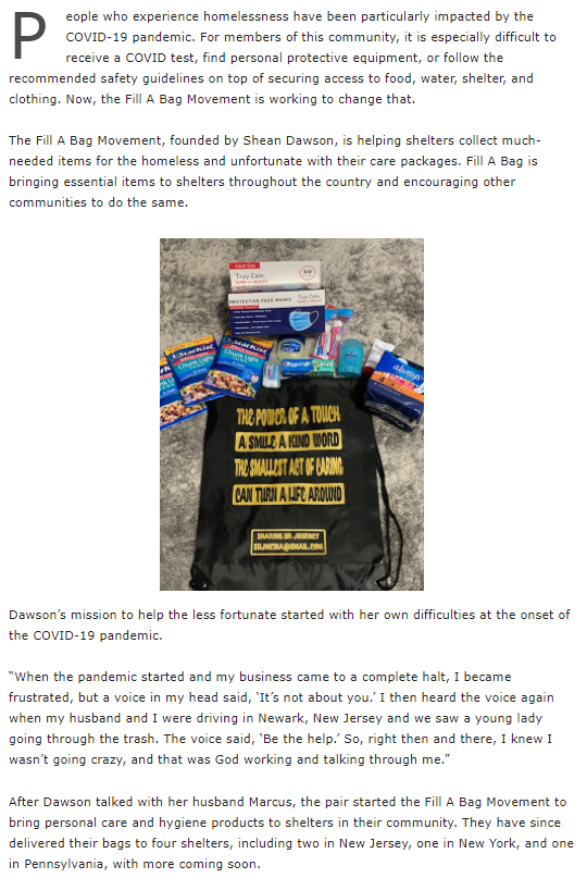 Fill A Bag Movement Delivers to Homeless Shelters