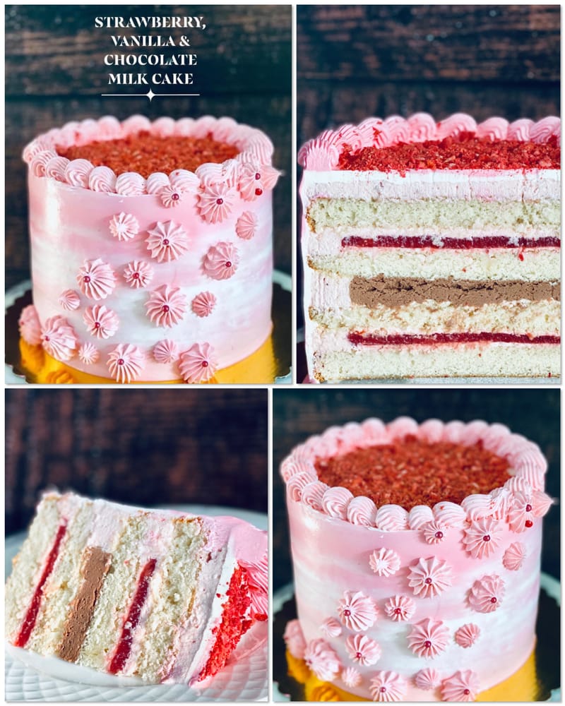 Strawberry, Vanilla & Chocolate Milk Cake