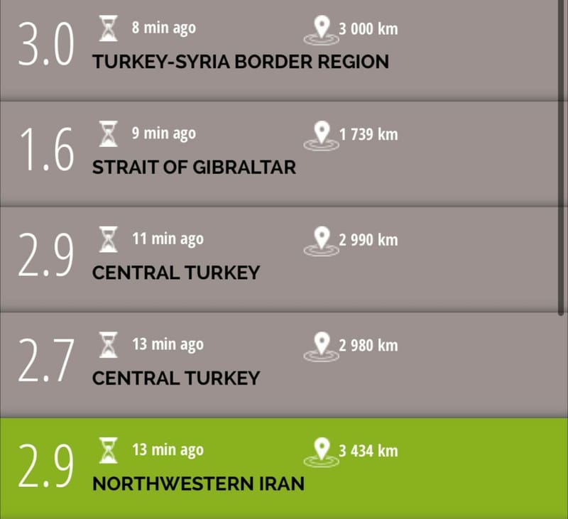 هزة ارتدادية خفيفة تضرب شمال غرب ايران ، وتواصل الهزات الارتدادية بين سوريا وتركيا هذا اليوم بفارق دقائق قليلة.