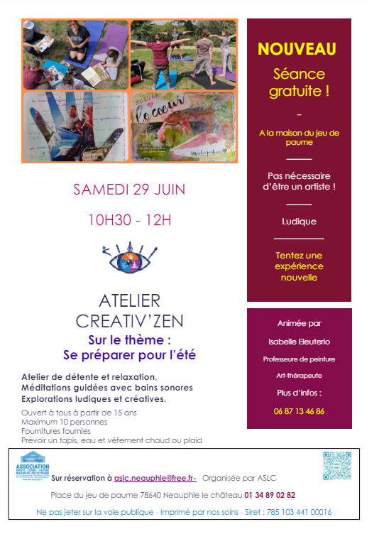 Samedi 29 juin de 10h30 à 12h00 : séance "Creativ'zen" gratuite sur réservation