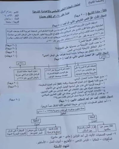 أسئلة امتحان مادة التاريخ الصف التاسع الدورة الاستثنائية 2020