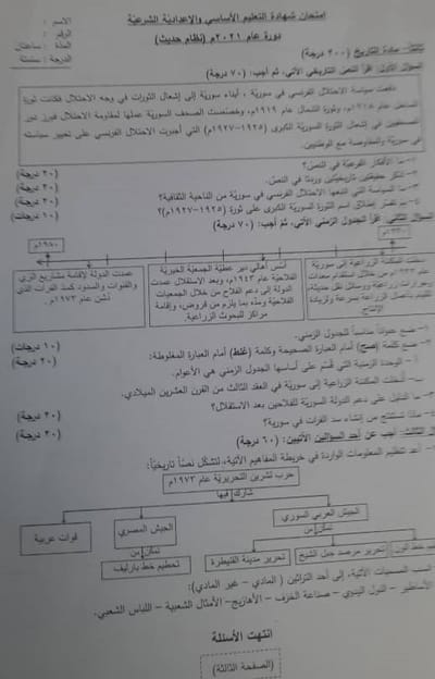 أسئلة امتحان التاريخ الصف التاسع دورة 2021