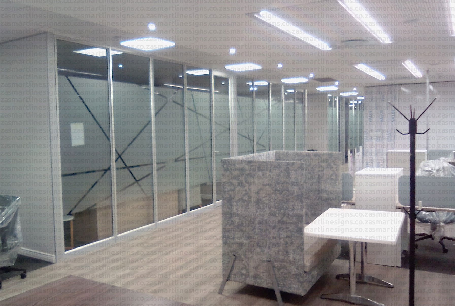 Frosted design on office complex glass walls