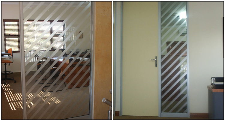 Sandblast effect striping on office windows