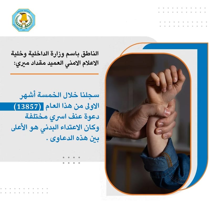 الداخلية تعلن تسجيل اكثر من 13 الف دعوى عنف اسري خلال 5 اشهر