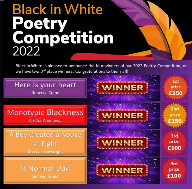 HIGHLY COMMENDED AWARD WINNERS BLACK IN WHITE POETRY COMPETITION  2022