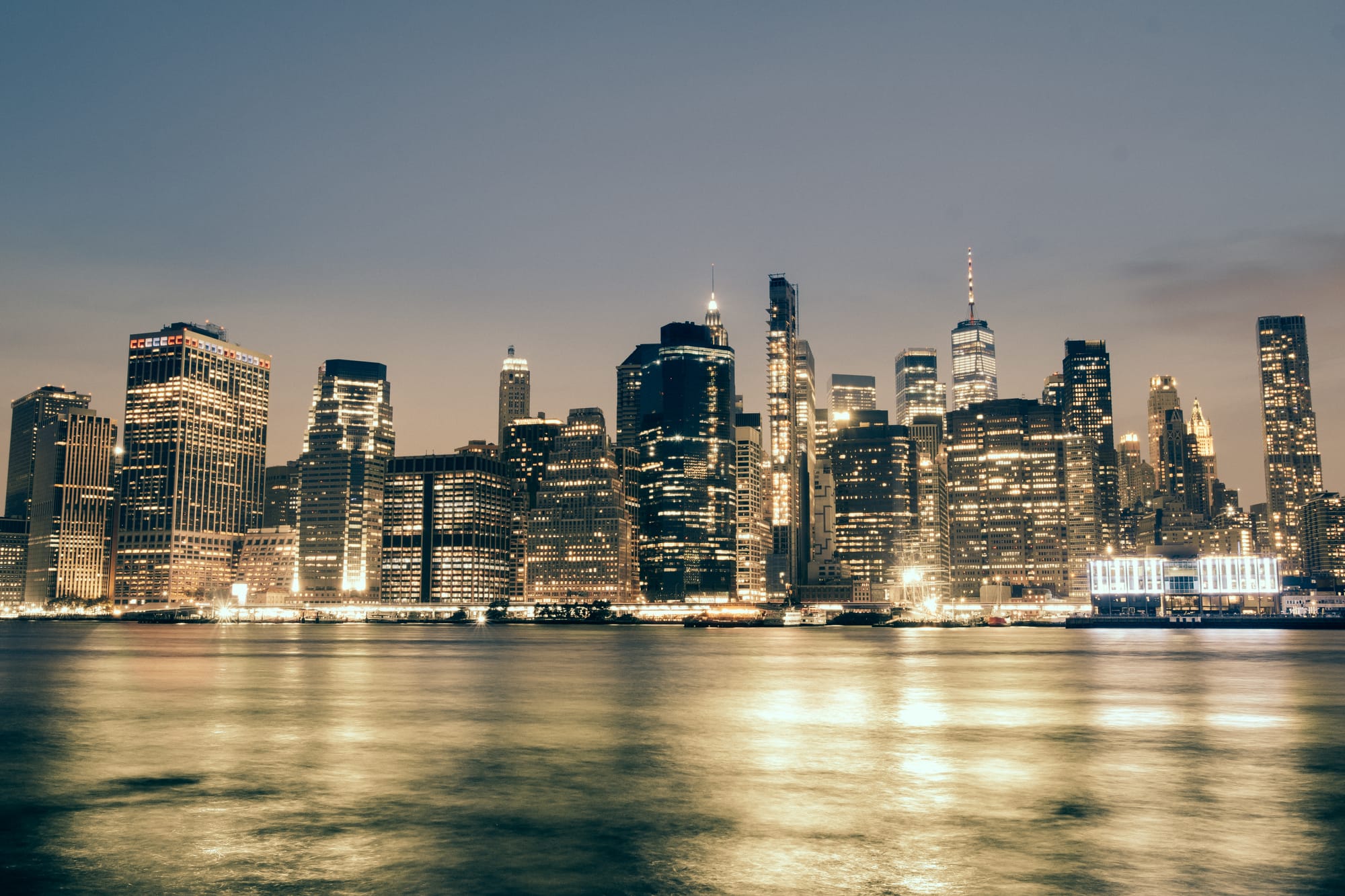 MANHATTAN, NY VIEW FROM DUMBO BROOKLYN | SKYLINE NAUTICAL TWILIGHT