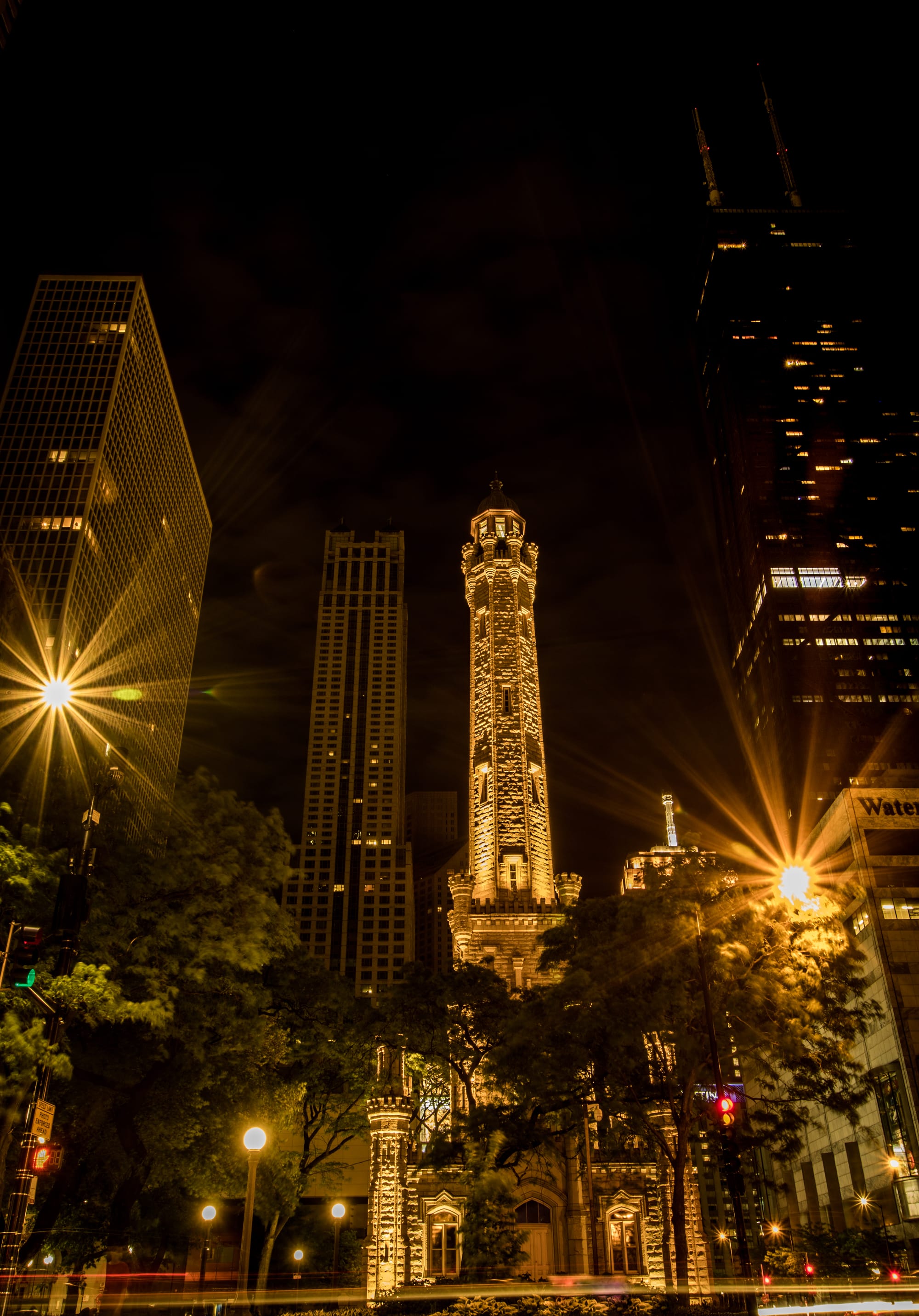 CHICAGO WATER TOWER AT NIGHT