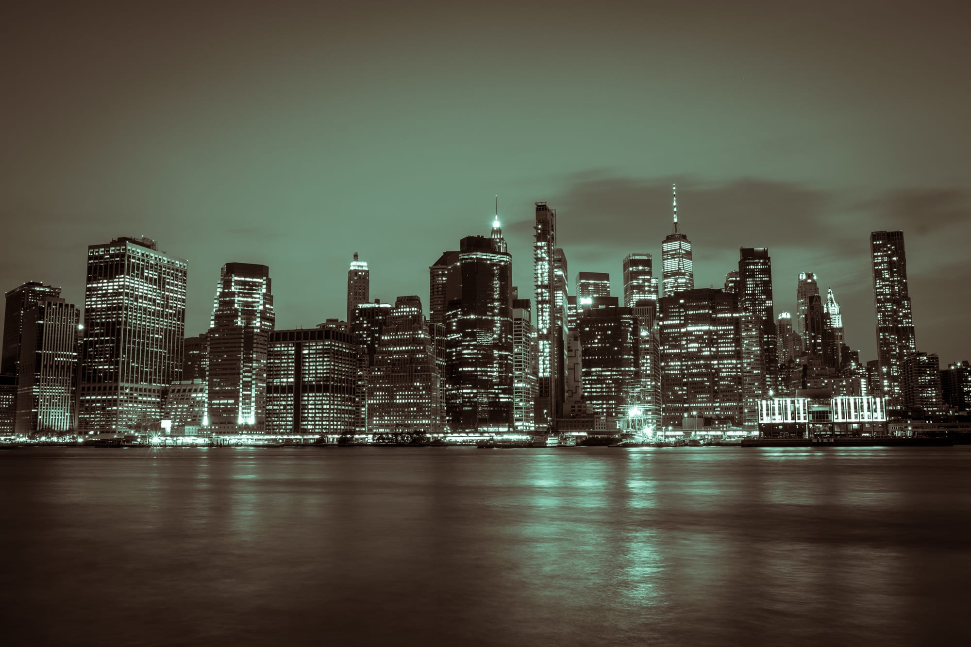 MANHATTAN, NY NIGHT VIEW FROM DUMBO BROOKLYN | B&W