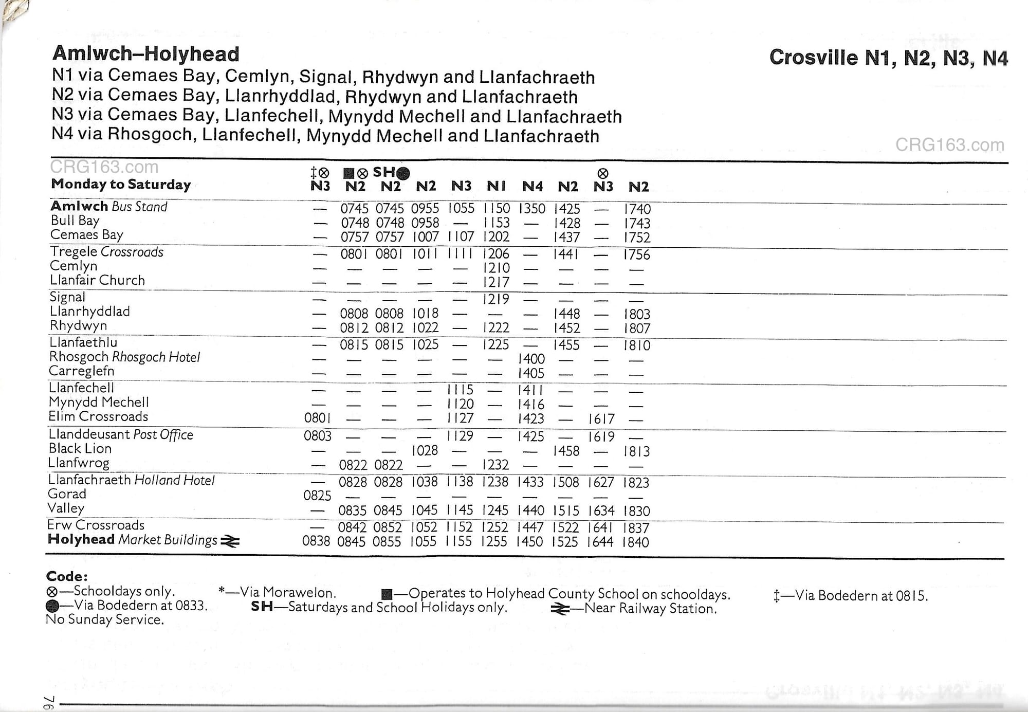 N1, N2, N3 and N4 bus timetables (Amlwch - Holyhead) June 1981