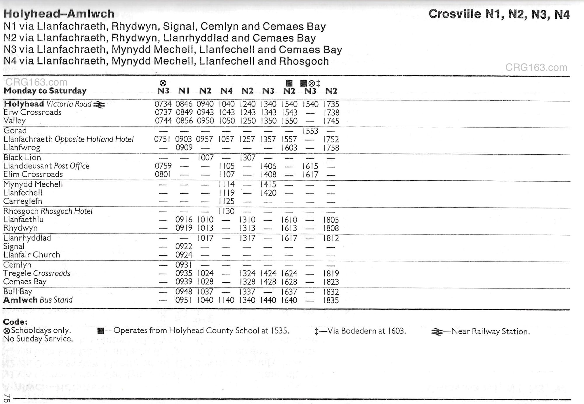 N1, N2, N3 and N4 bus timetables (Holyhead - Amlwch) June 1981