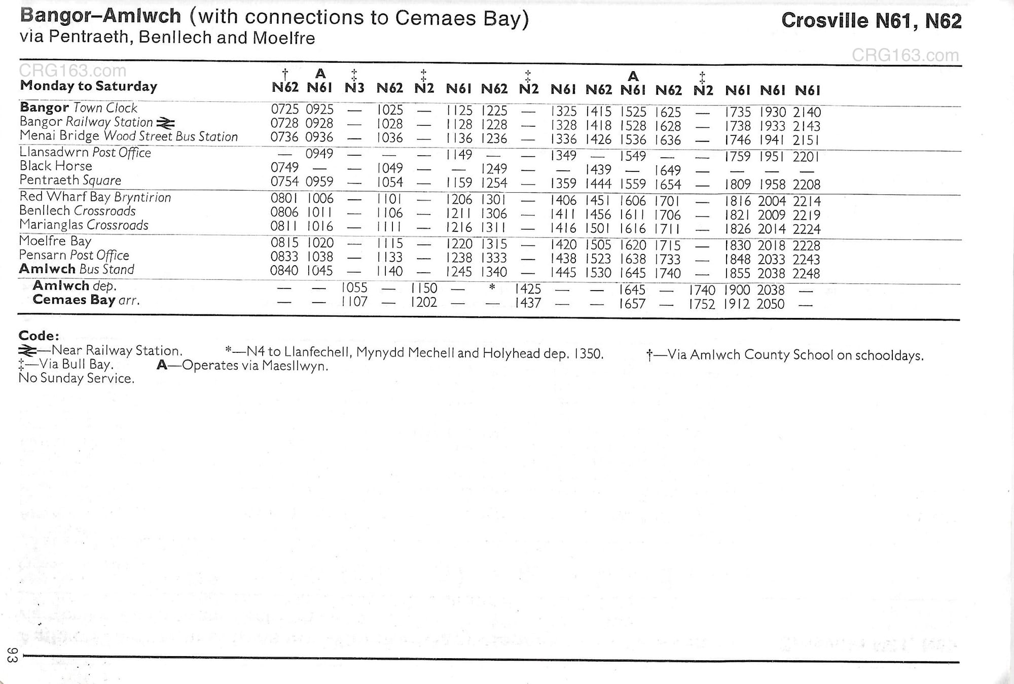 N61 & N62 bus timetables (Bangor - Amlwch) June 1981