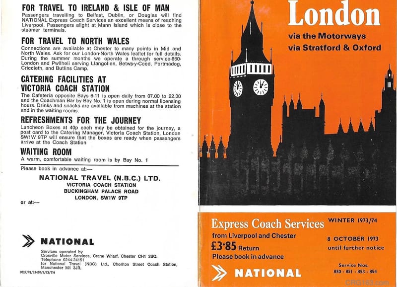 Services 850/851/853/854 Liverpool - London timetables - Winter 1973/1974