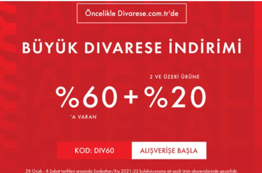 Divarese % 60 'a Varan İndirimlere Ek + 2 ve Üzeri Ürüne % 20 İndirim