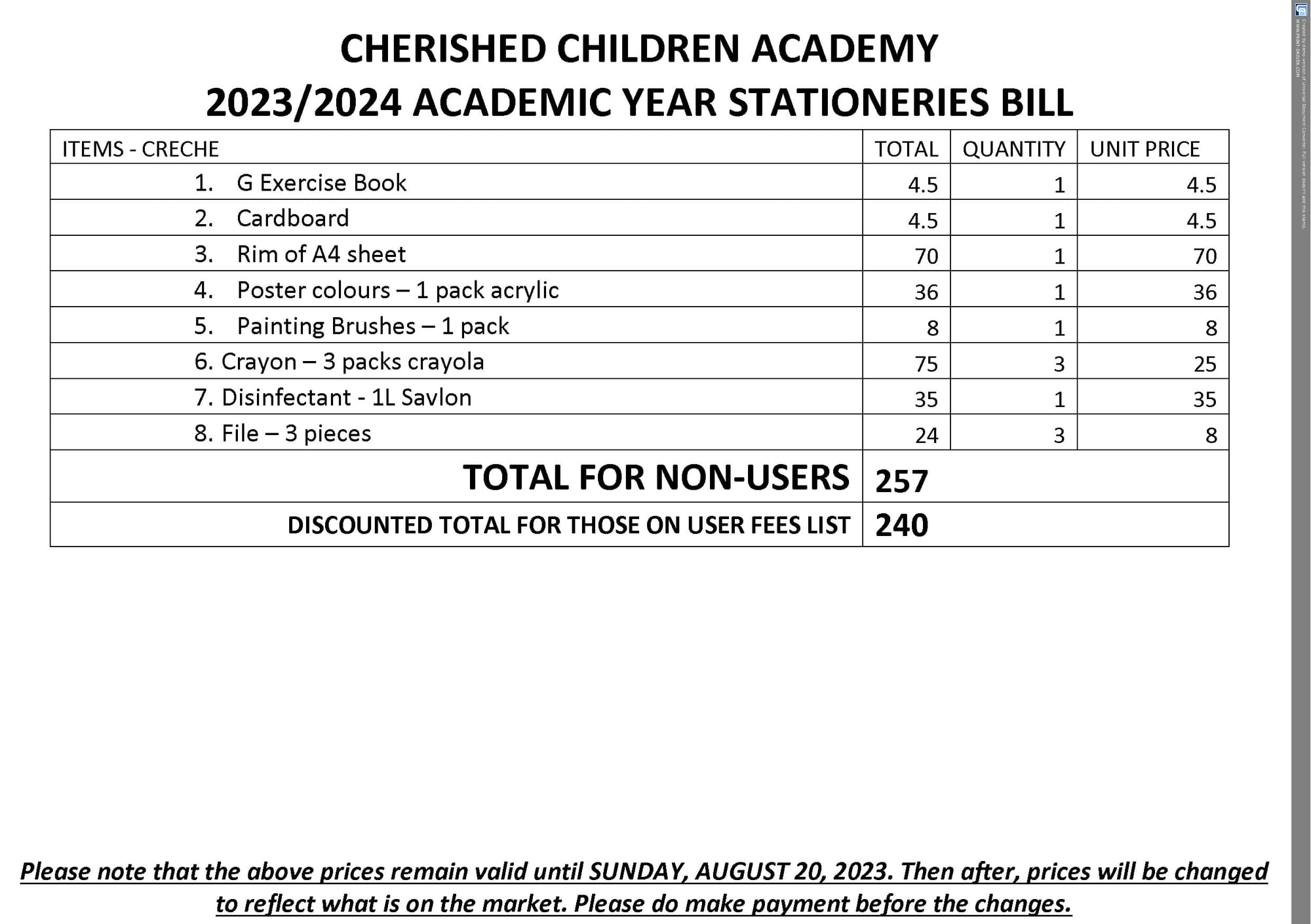 2023/2024 ACADEMIC YEAR STATIONERIES & TEXTBOOKS