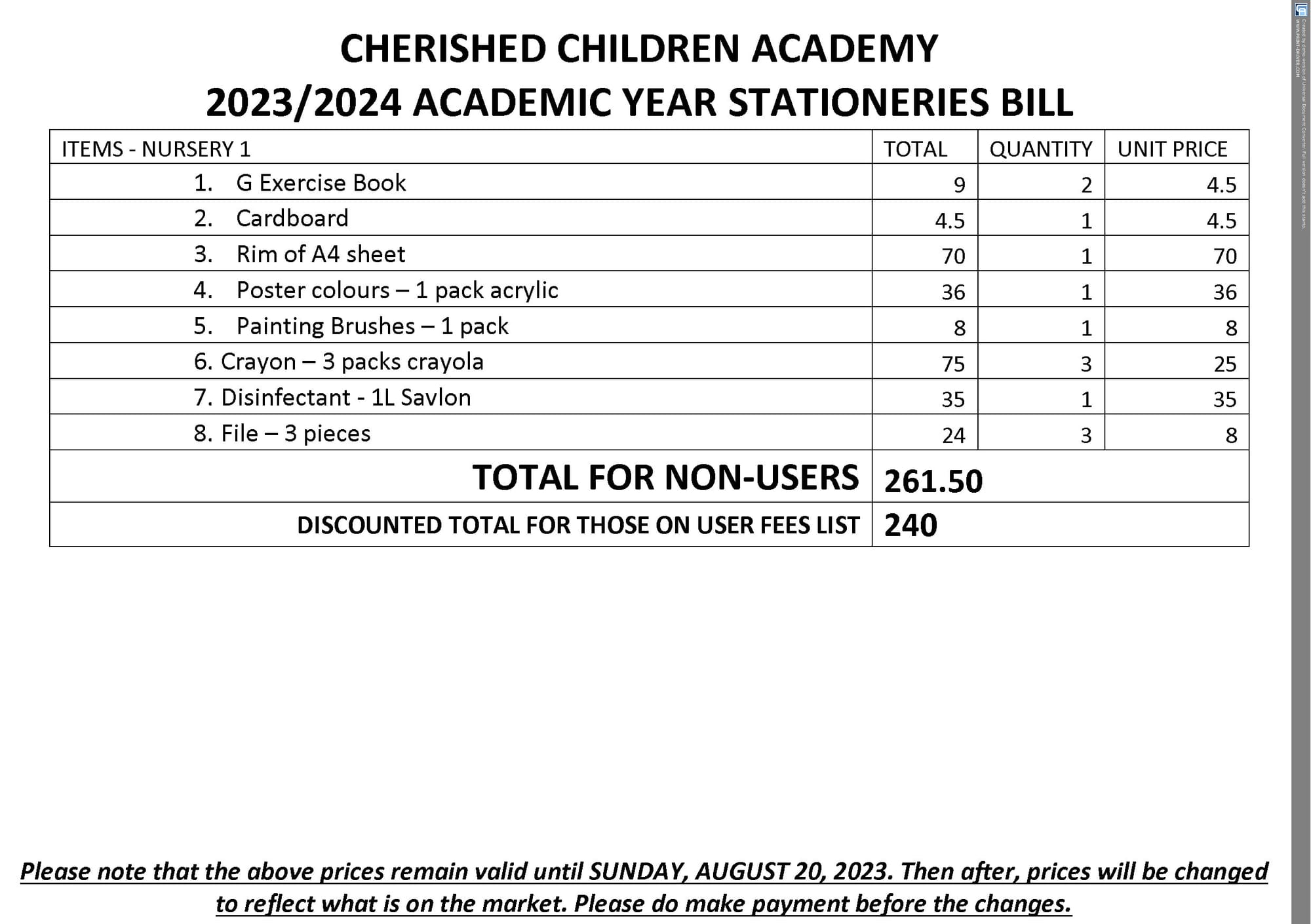 2023/2024 ACADEMIC YEAR STATIONERIES & TEXTBOOKS