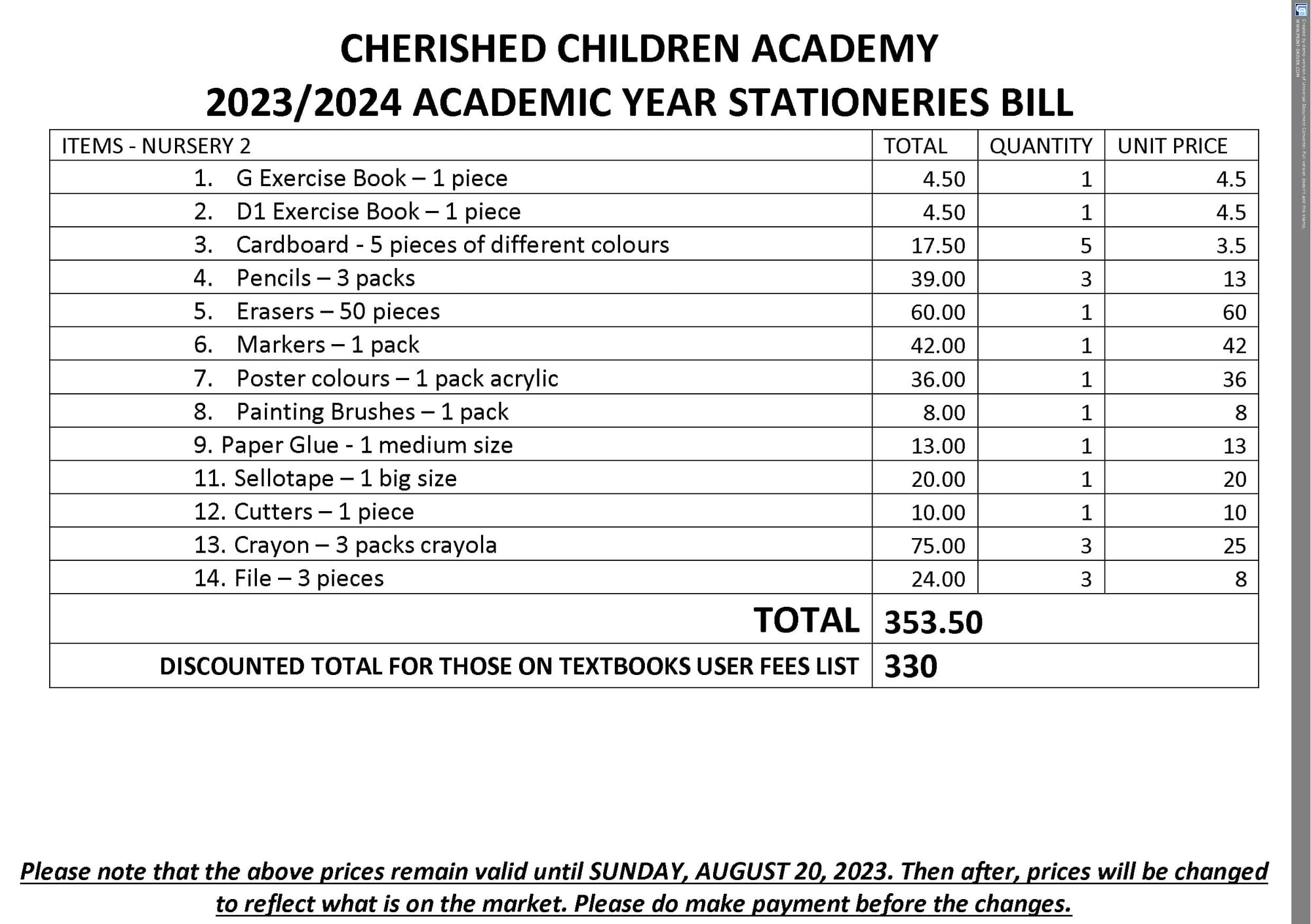 2023/2024 ACADEMIC YEAR STATIONERIES & TEXTBOOKS