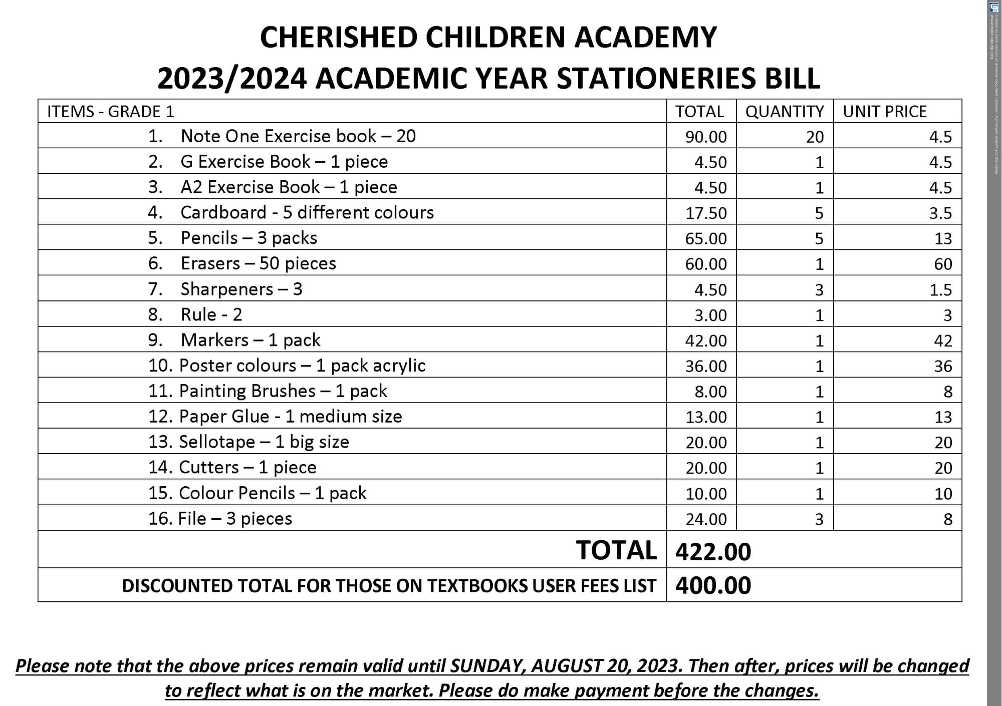 2023/2024 ACADEMIC YEAR STATIONERIES & TEXTBOOKS