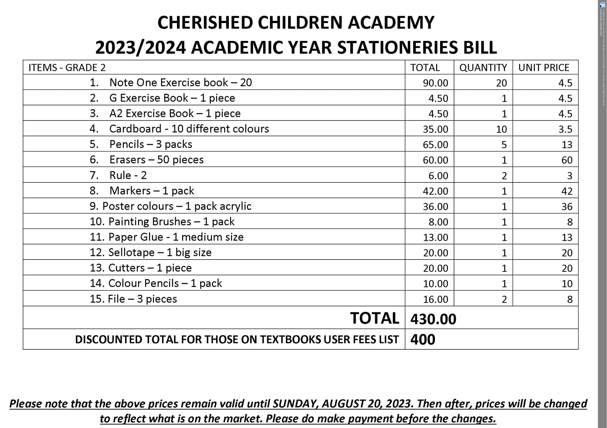 2023/2024 ACADEMIC YEAR STATIONERIES & TEXTBOOKS
