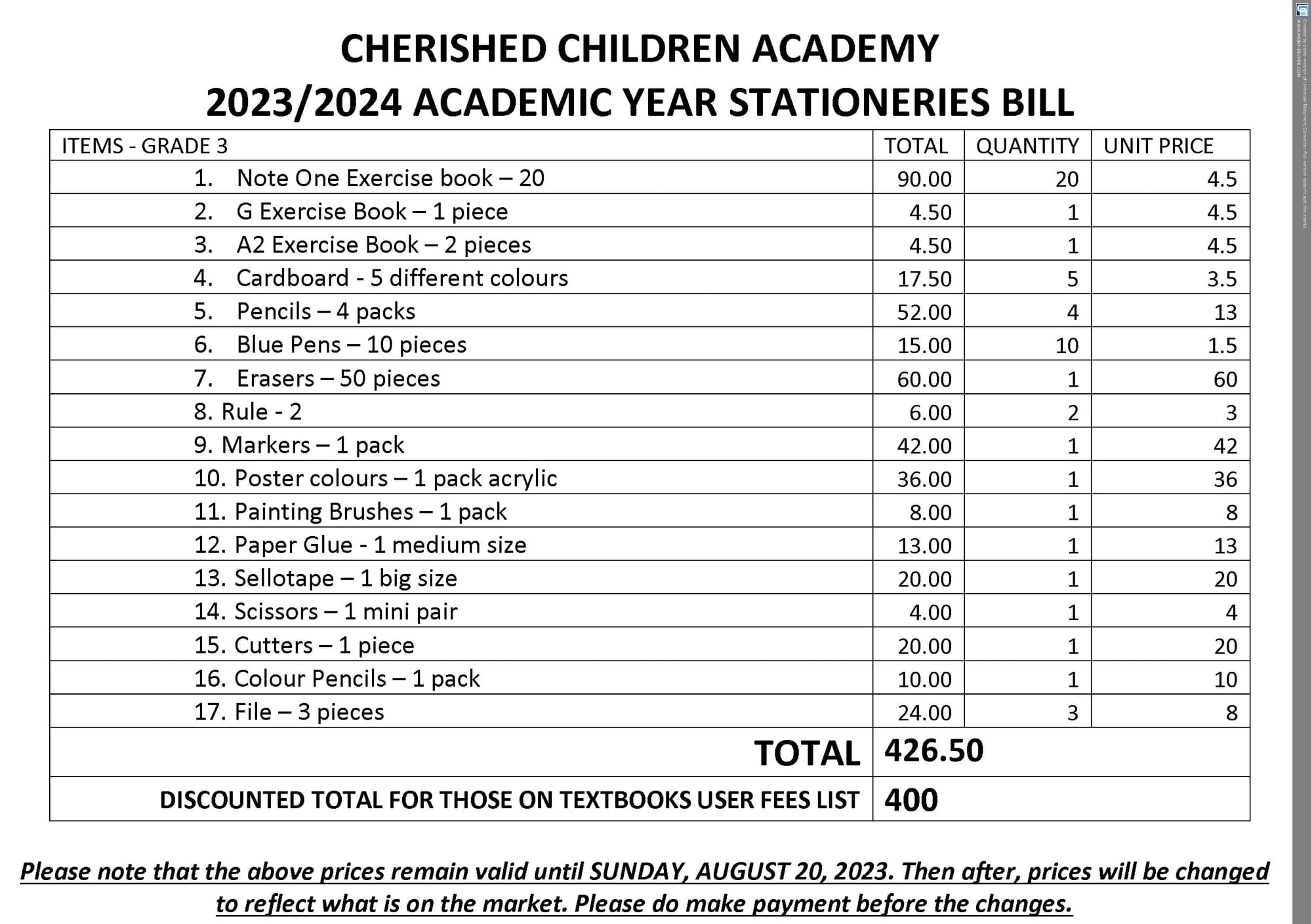 2023/2024 ACADEMIC YEAR STATIONERIES & TEXTBOOKS