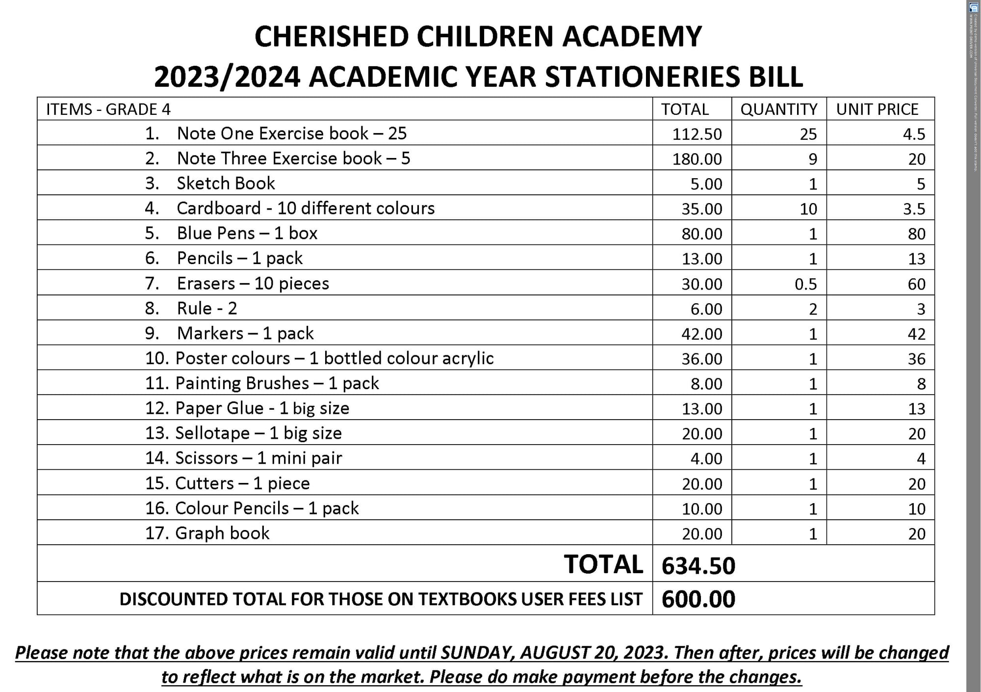 2023/2024 ACADEMIC YEAR STATIONERIES & TEXTBOOKS