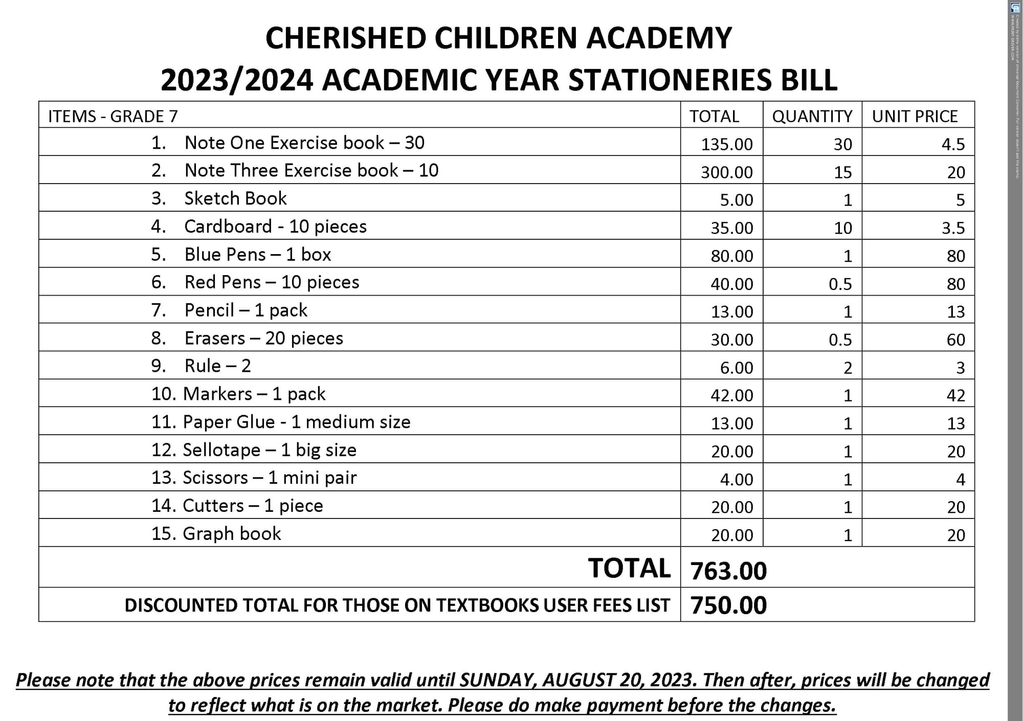 2023/2024 ACADEMIC YEAR STATIONERIES & TEXTBOOKS