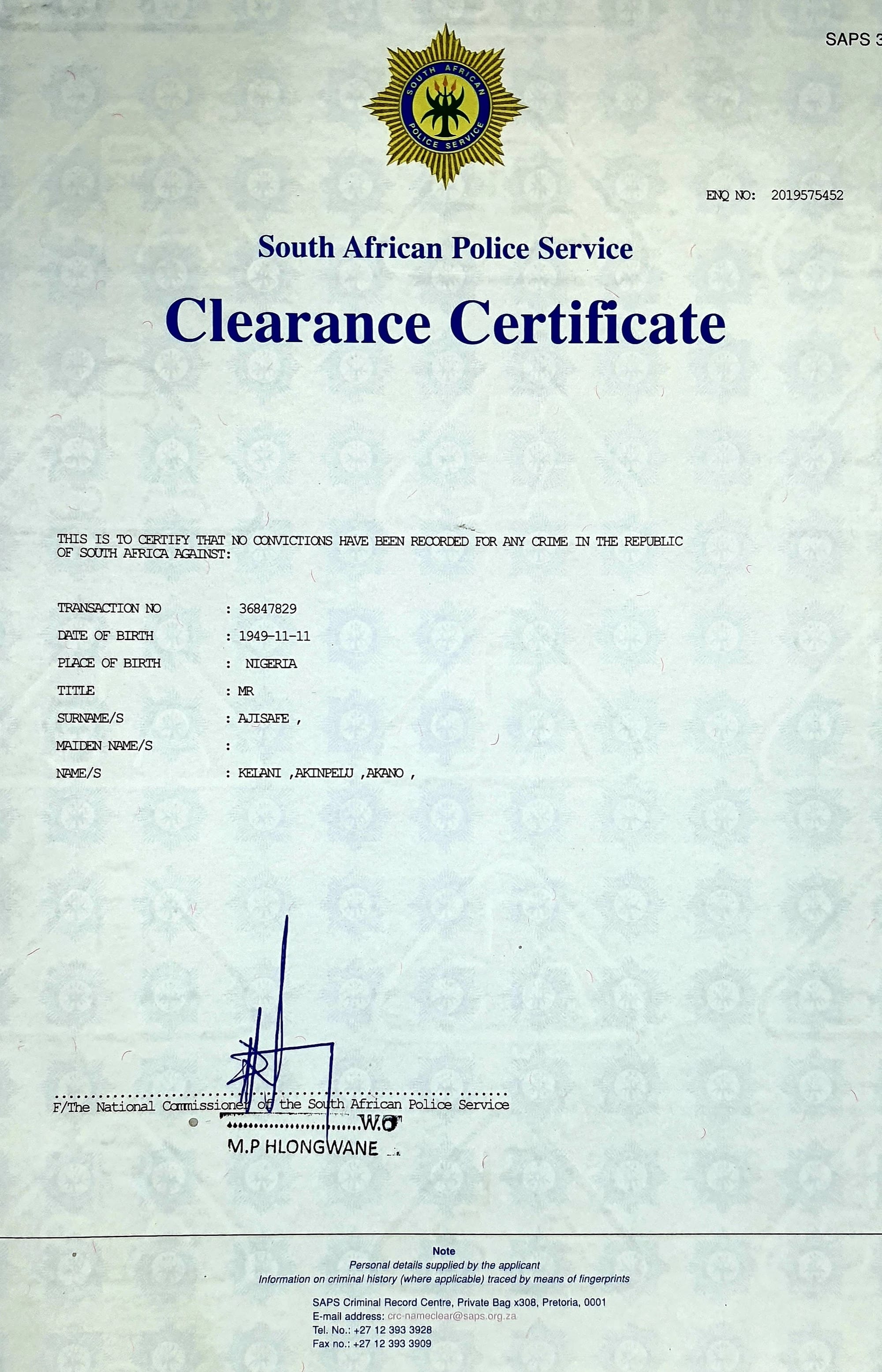 Police Clearance Certificate