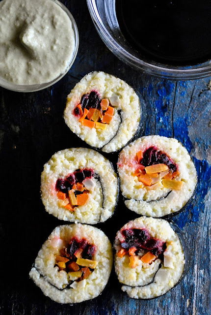 Vegan millet sushi with roasted root vegetables and broccoli cream