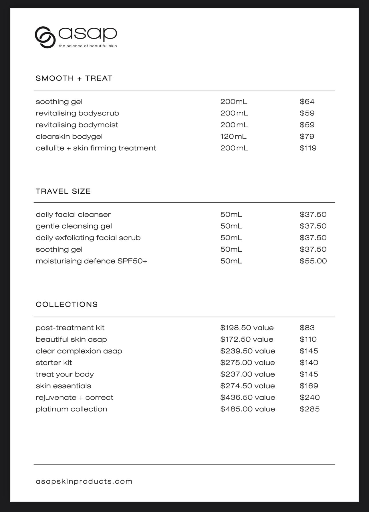 Asap products price list