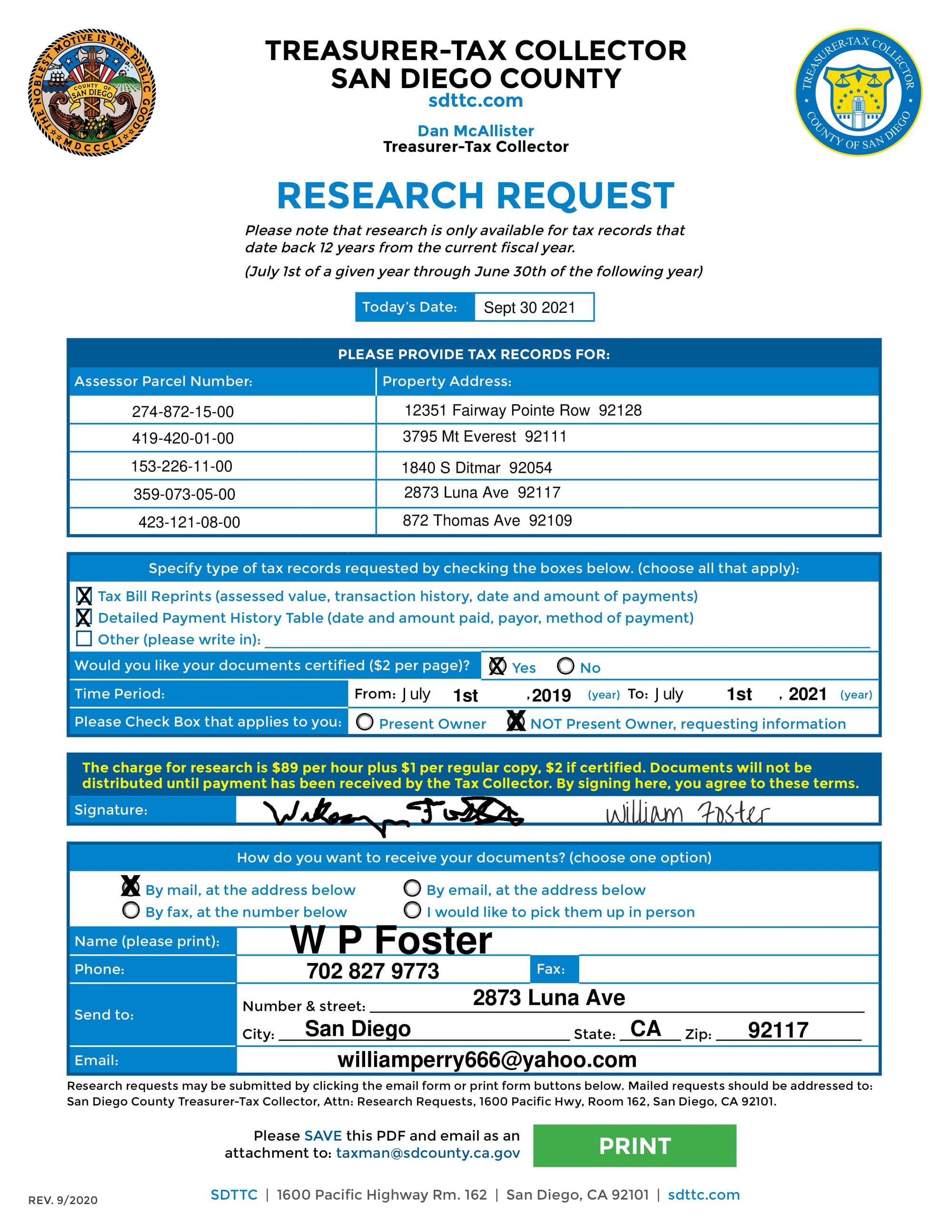 Property Tax Records Request                                                       Sept 30 2021