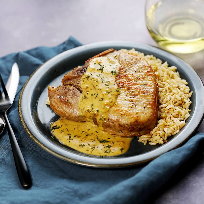 Smoked Pork Chops with Mustard Dill Sauce