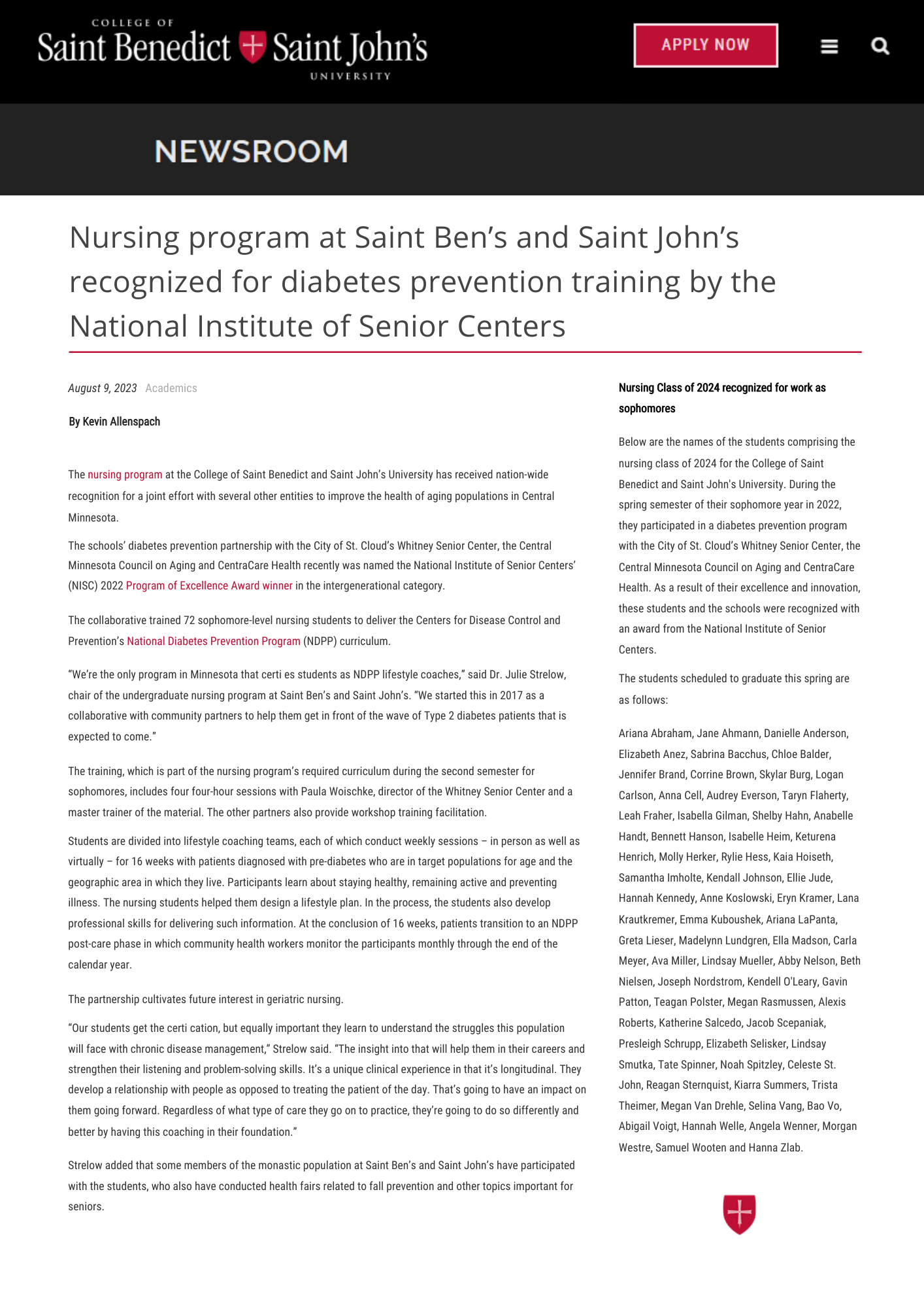 Nursing program at Saint Ben’s and Saint John’s recognized for diabetes prevention training by the National Institute of Senior Centers