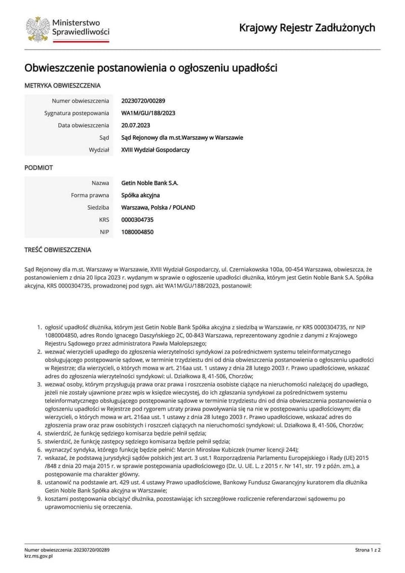 Upadłość Getin Noble Banku - co to oznacza dla kredytobiorców CHF