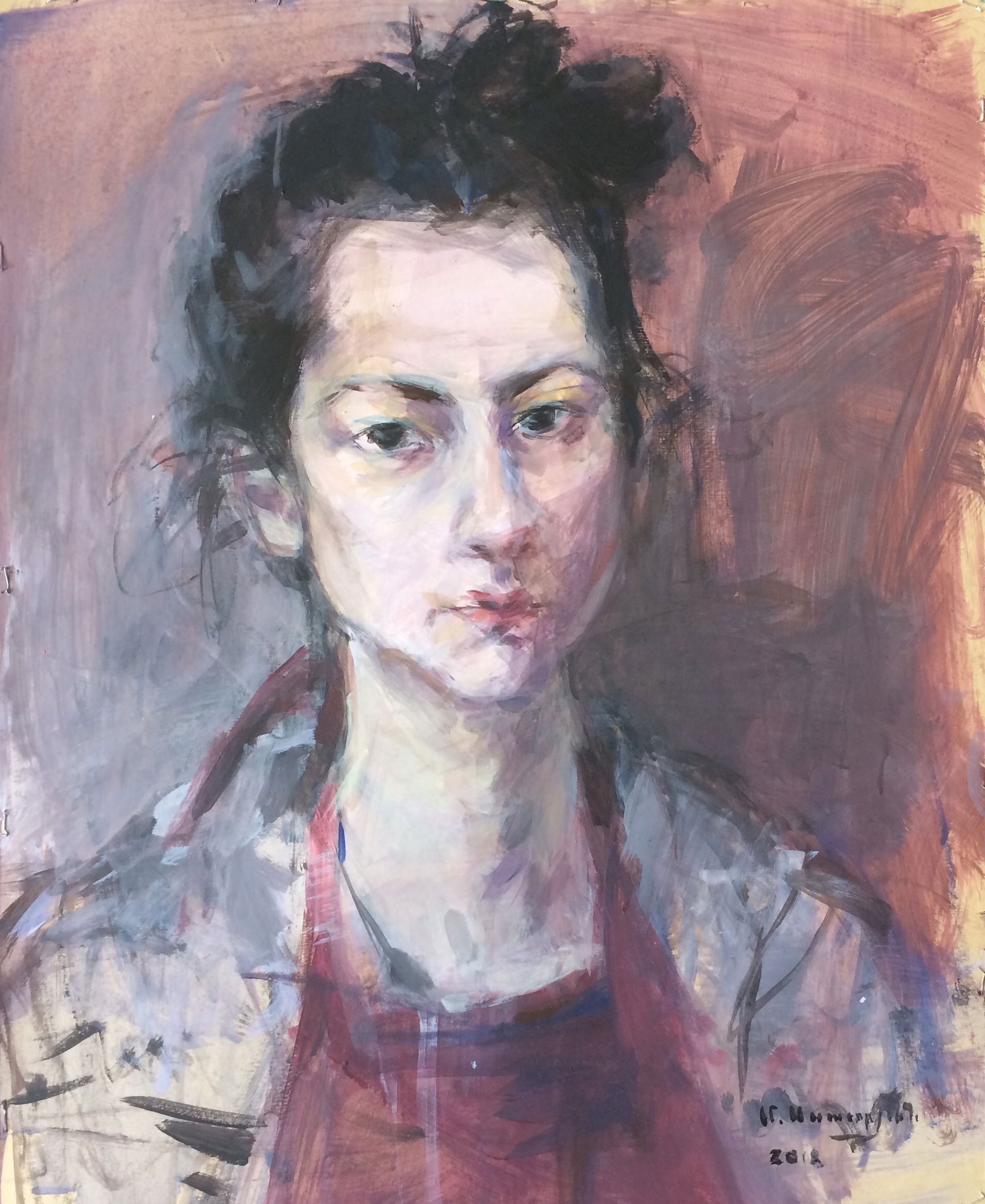 Self-portrait in a maroon apron