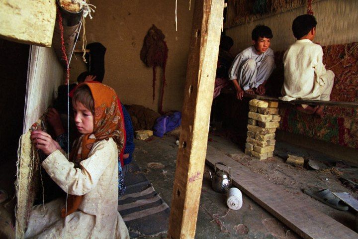 30. Niños y niñas pakistaníes trabajando en la fabricación de alfombras.