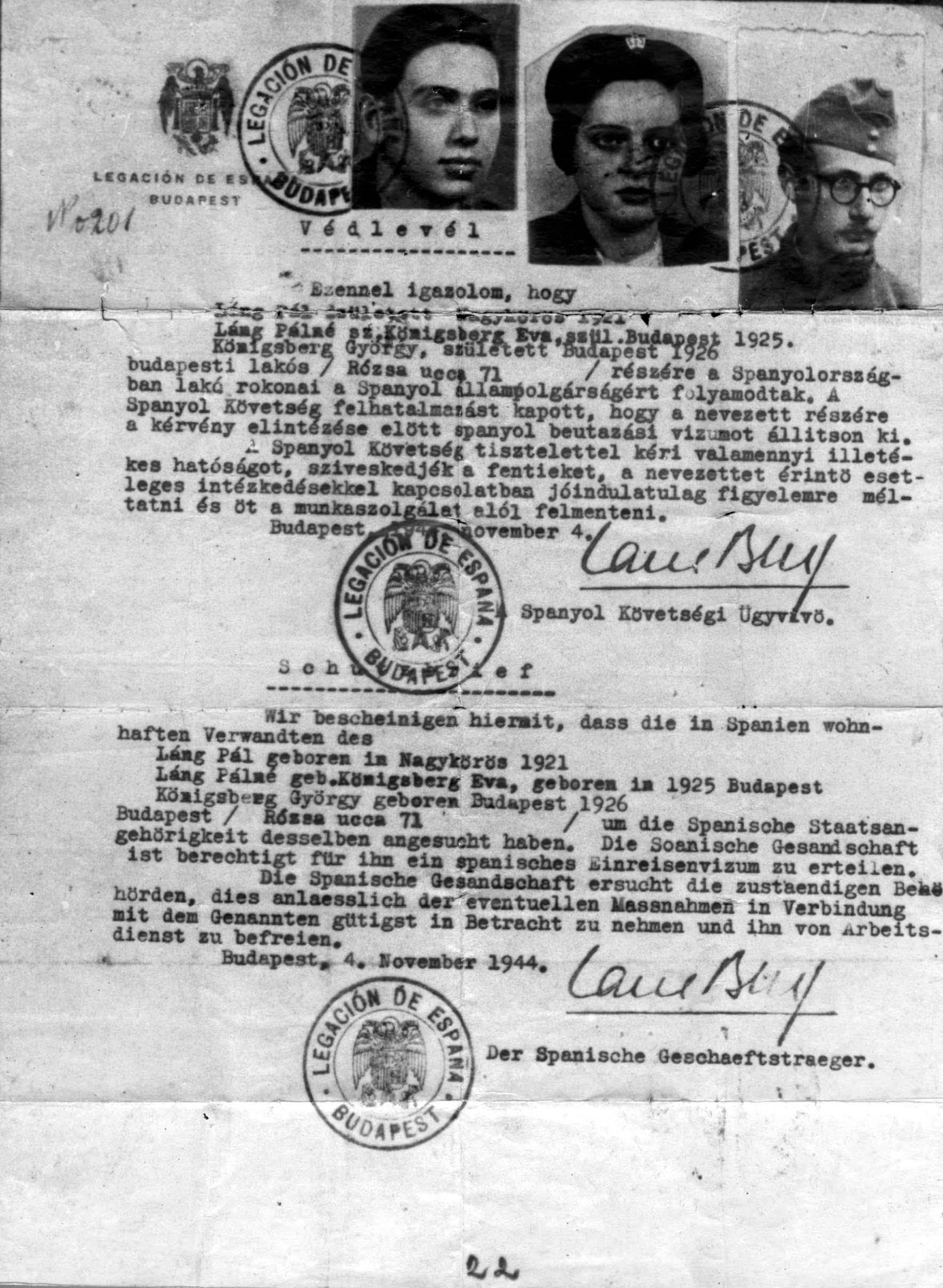 21. Documentos expedidos por Ángel Sanz Briz en Budapest a judíos otorgándoles la nacionalidad.