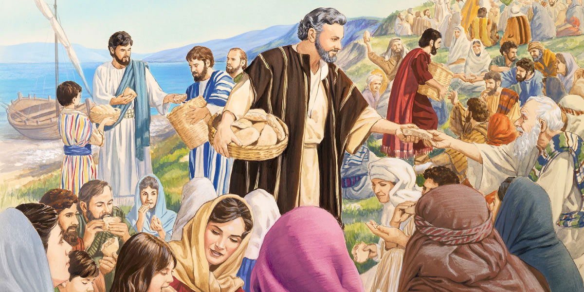 معجزة الخمس ارغفة و سمكتان و اشباع الجموع : بخمس ارغفة و سمكتان يسوع  المسيح يشبع خمسة آلاف رجل ما عدا النساء والأولاد  و ما فضل من الكسر اثنتي عشرة قفة مملوءة  (و من يضاعف المأكل اضعافا مضاعفة و يشبع الألوف من لا شئ هو الله وحده فقط)