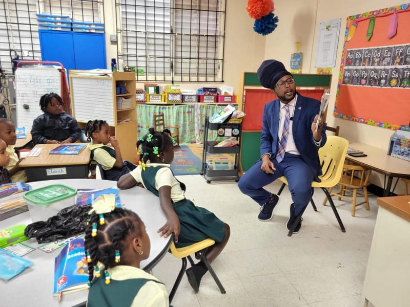 Reading to Kindergarten class at Jane E. Tuitt Elementary School