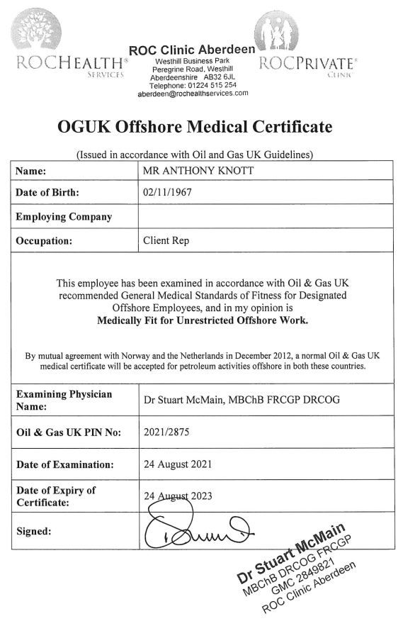 Full View of UKOOA in date Medical Certificate and vaccinations