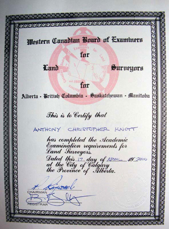 Western Canadian Board of Examiners for Land Surveyors. (Cadastral), BSc.