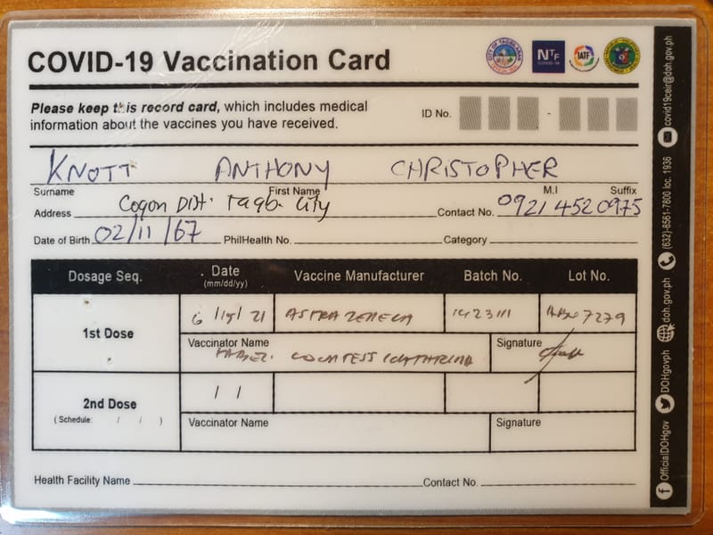 Astrazeneca Vaccine first dose, Bohol, Philippines. 19 June 2021