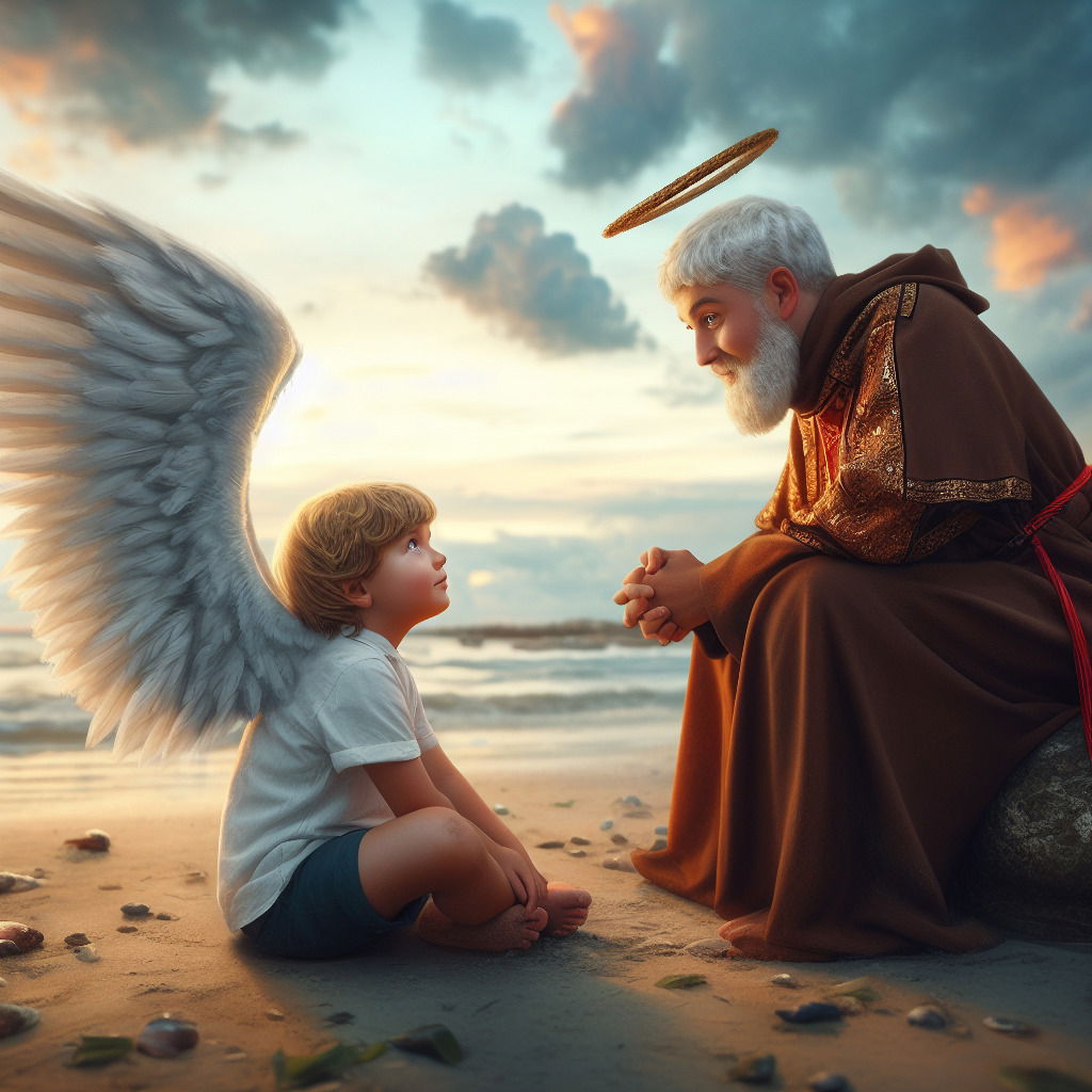 The angel boy (or Child Jesus?!) and Saint Augustine: a conversation on the beach about the Holy Trinity