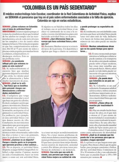 Semana - Entrevista Dr. Iván Dario Escobar Coordinador Nacional Redcolaf - ¿Por qué Colombia es un país sedentario? Especialista responde